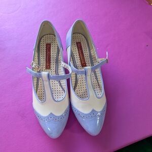 Vintage-Inspired T-Strap Pointed Flats in Light Blue and Cream